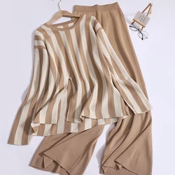 Women Summer Office Long Sleeved Thin Stripes Split Knit Shirt Elastic Band Wide Leg Pants Two Piece Set Loose Sports Set Spring