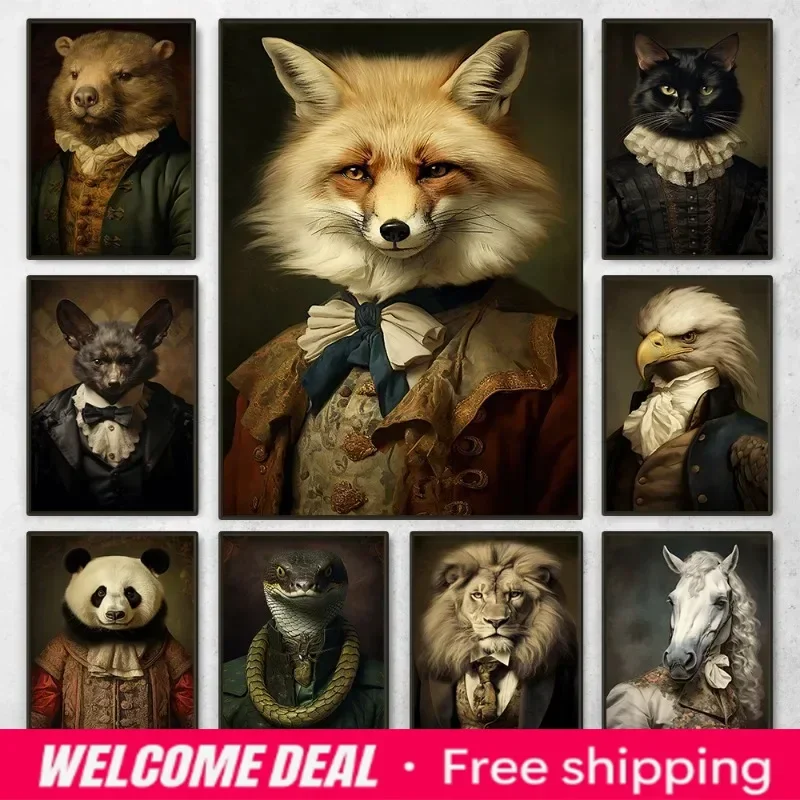 2026  Retro Renaissance Animal Portrait Poster Fox Black Cat Lion Owl Royal Pet Canvas Painting Funny Wall Art Living Room Ho