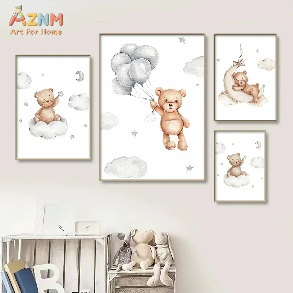AZNM Neutral Watercolor Teddy Bear Canvas Wall Art Moon Cloud Balloon Star Print Unframed Canvas Painting for Baby Nursery Kids