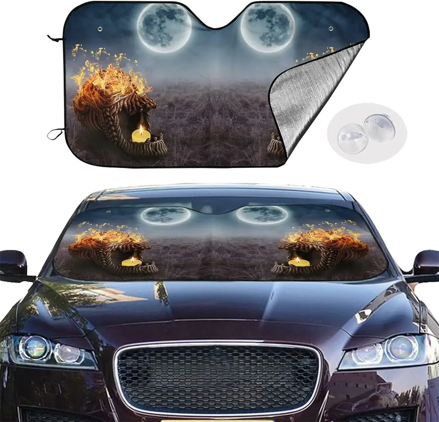 Skull Candle Fire Glass Pattern Sun Shade Front Window Sunshade for Most Sedans SUV Blocks Max Uv Rays Keep Your Vehicle Cool