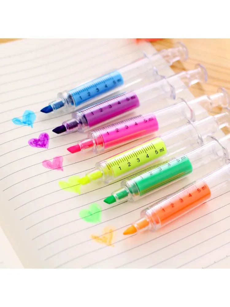 6 Stück Kawaii Spritze Textmarker Spritze Nadelform Mechanischer Farbstift Kugelschreiber für Büro Schule Marker Schreibwerkzeug