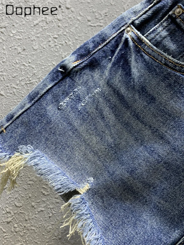 Amerikanische Retro Hot Girl Hohe Taille Zerrissene Denim Shorts Sommer Mode Raue Kante Fransen Breite Bein Hosen Vielseitige Casual Shorts