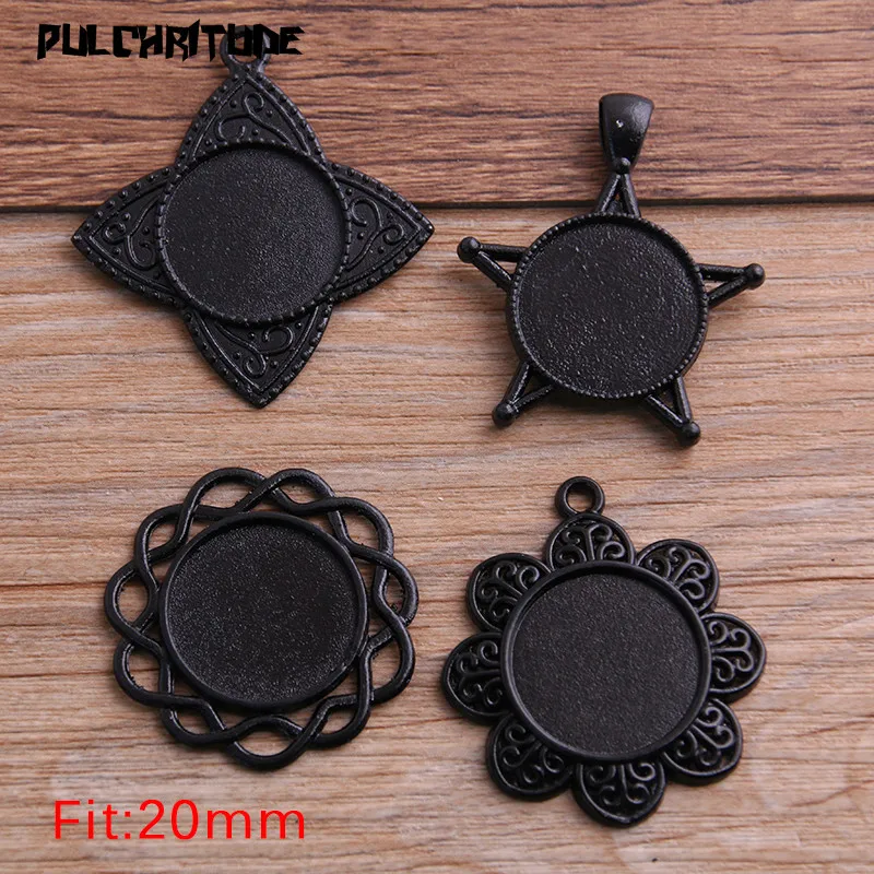 4pcs 20mm Inner Size Black Plated 4 Style Cameo Cabochon Base Setting Charms Pendant Necklace Findings