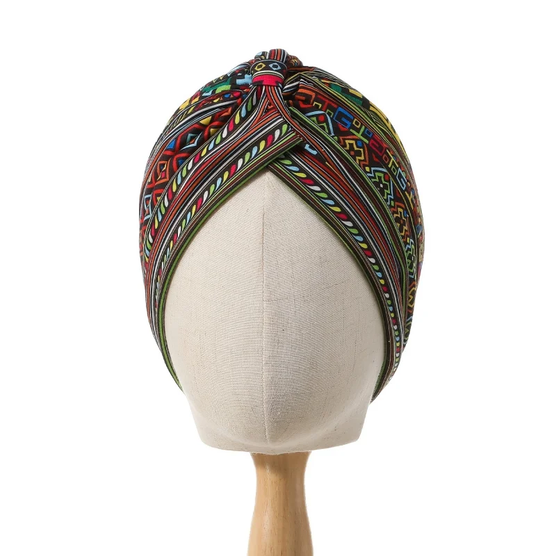 Print Flower Knot Ruffle Chemo Hat Forehead Cross Head Wrap for Women Stretchy Elastic, Ultra-Lightweight, Soft Beanie view 2