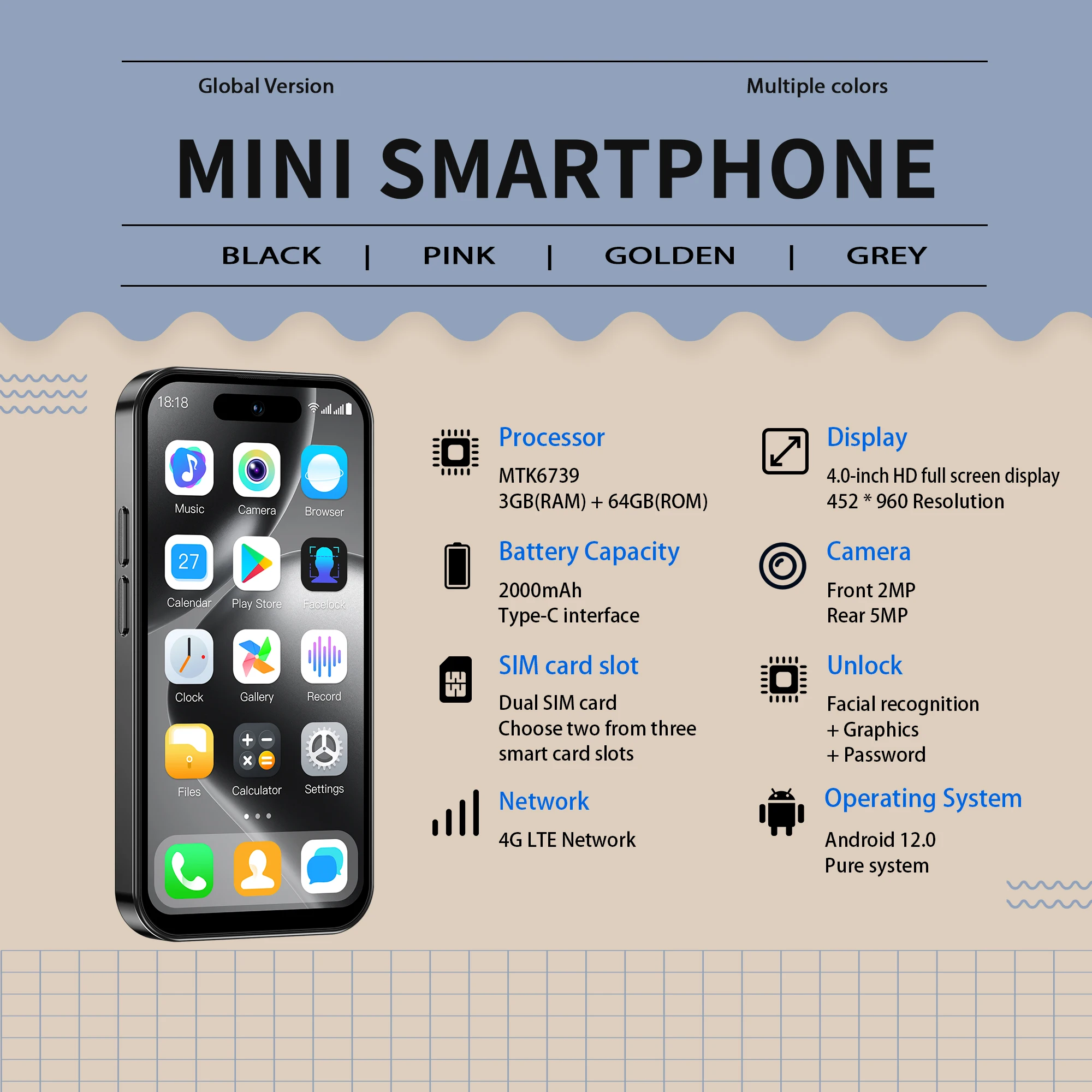 ONEMYTH M17 Pro 4G Mini Smartphone Android 12 Play Store, 3GB RAM 64GB ROM 2000mAh Battery, 4.0-inch Small Size Phone