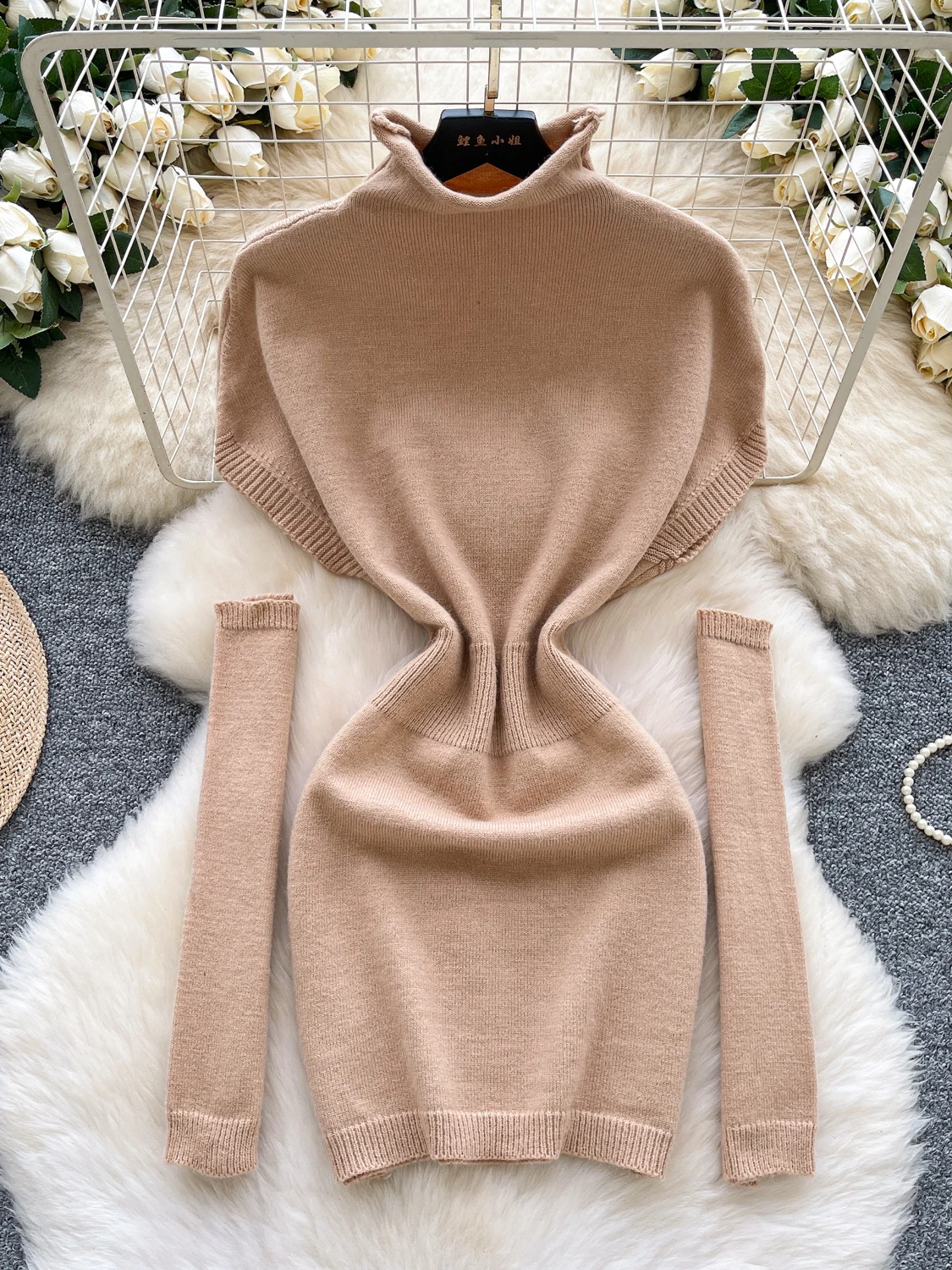 Ele Knitted Slim Fit High Collar Wrap around Skirt Dr for Women Autumn Season Ci Commute A-Line Silhouette Long Sve