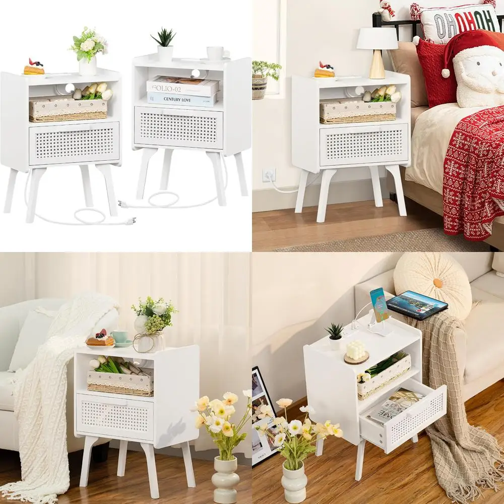 Juego de 2 mesitas de noche de ratán Lerliuo con estación de carga, mesa auxiliar con cajón y estante abierto, mesita de noche decorativa de caña con
