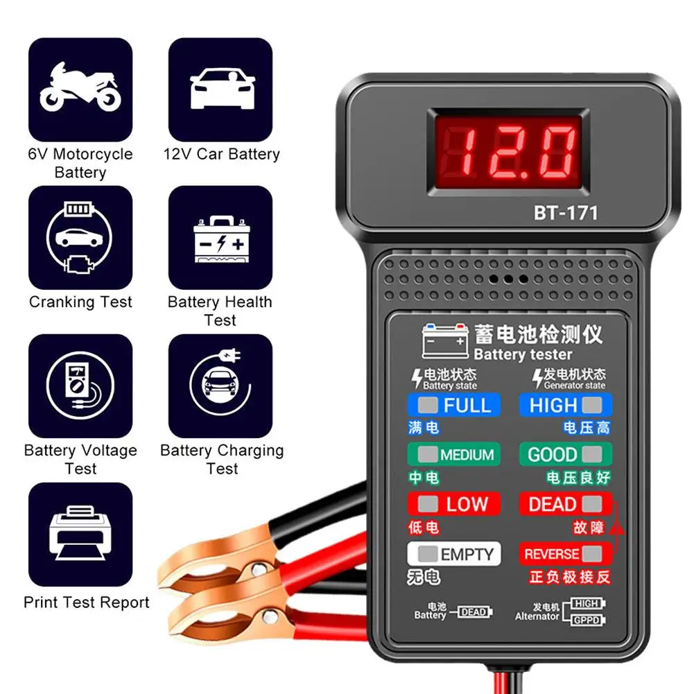 12V Digital Car Battery Tester Indicator With Alligator Status Indicator LED Battery Tool Electrician Clips Car P6R4