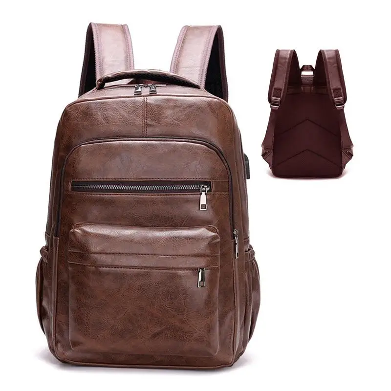 Vintage Backpack Leather Daypack Casual Bookbag Travel Backpack For College School Stylish Shoulder Bag With USB Charging Ports