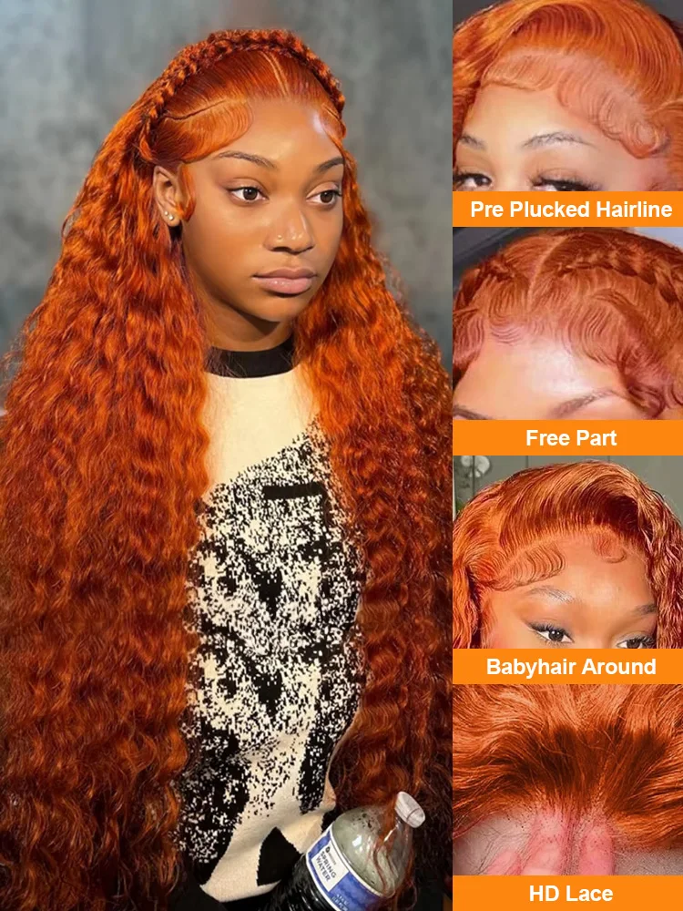 200 Density 350 Ginger Deep Wave 30 32 40 Inch 13x4 Lace Front Wig Orange Curly 13x6 Human Hair Lace Frontal Wigs Water Wave HD