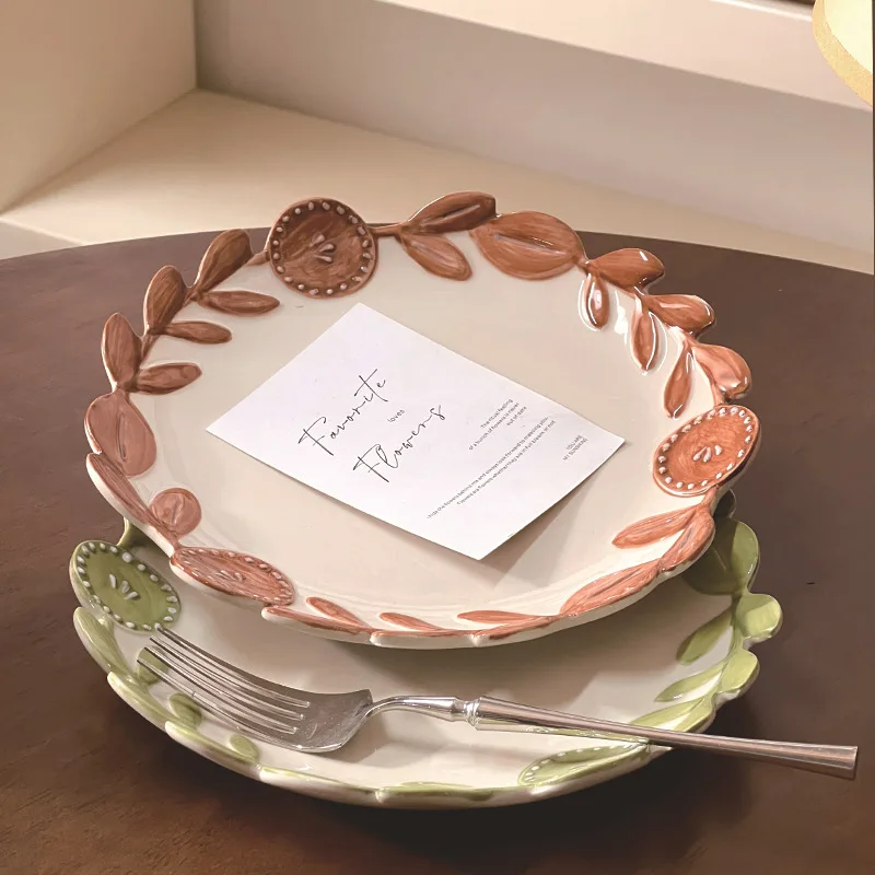 

Retro Flower Vine Leaves Ceramic Plate Creative Restaurant High-end Lace Steak Plate Home Breakfast Plate Household Items