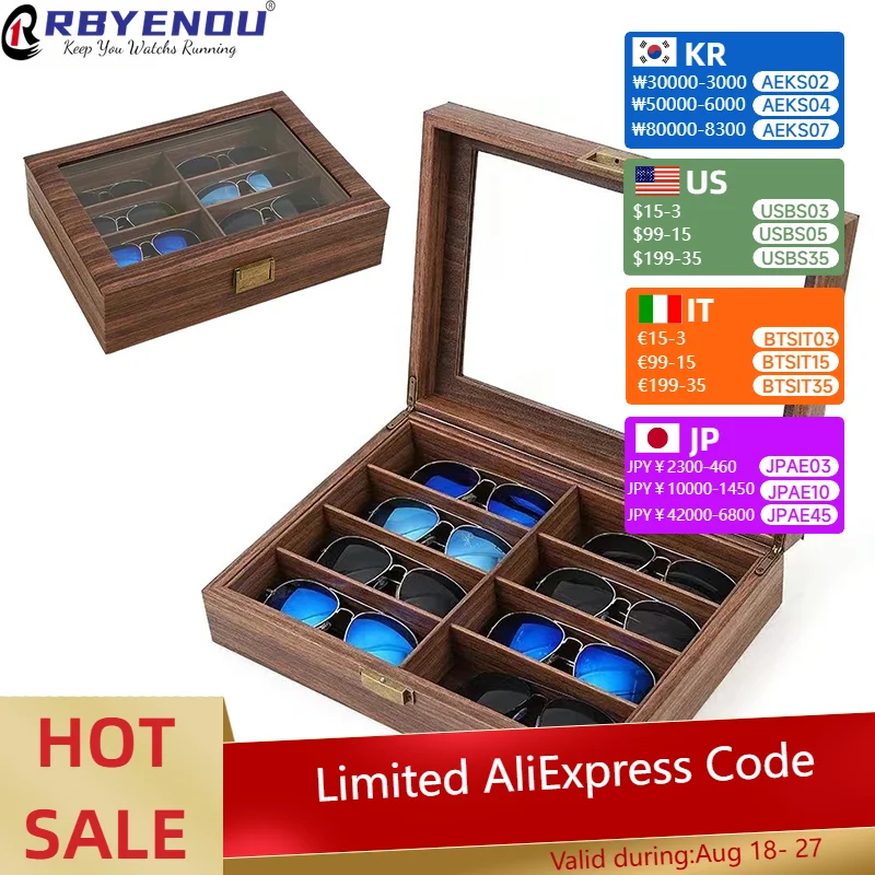 

8 Slots Sunglasses Display Case Vintage Brown Glasses Show Storage Sticker Solid Wood Grain Sunglass Organizer Customizable Logo