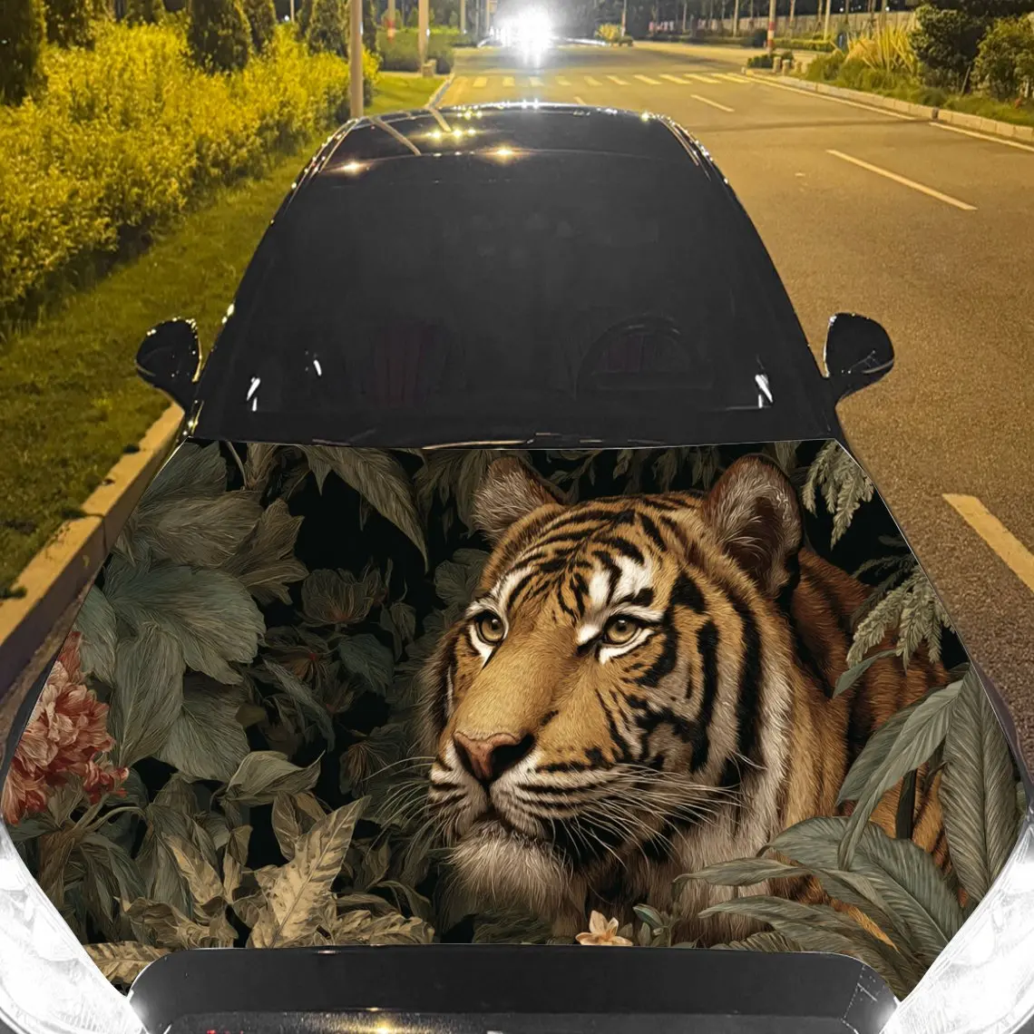 

Car Decal Tiger with Dense Jungle Foliage Artistic Background & Ferocious-Camouflaged Aesthetic Car Hood Sticker, Waterproof Sel