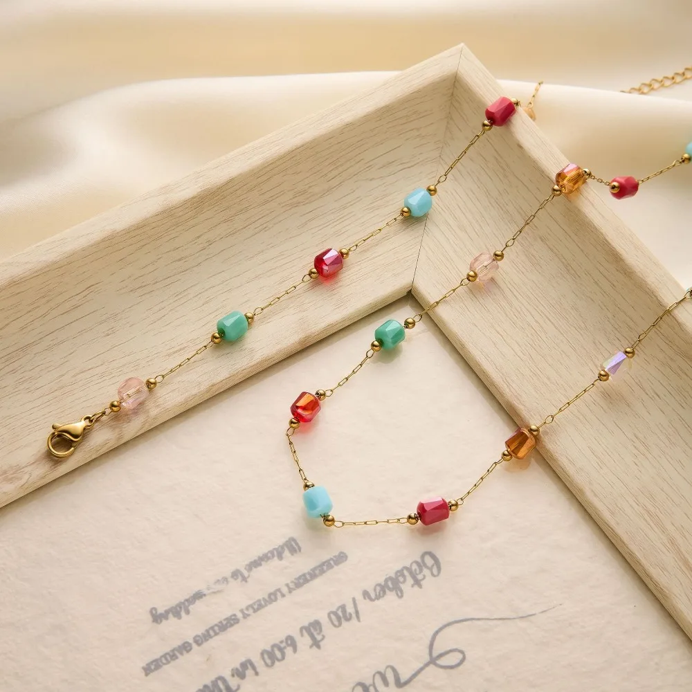 New Summer Dopamine Stainless Steel Natural Stone Mixed-color Crystal Necklace Bracelet Set for Women Non-fading Jewelry Set