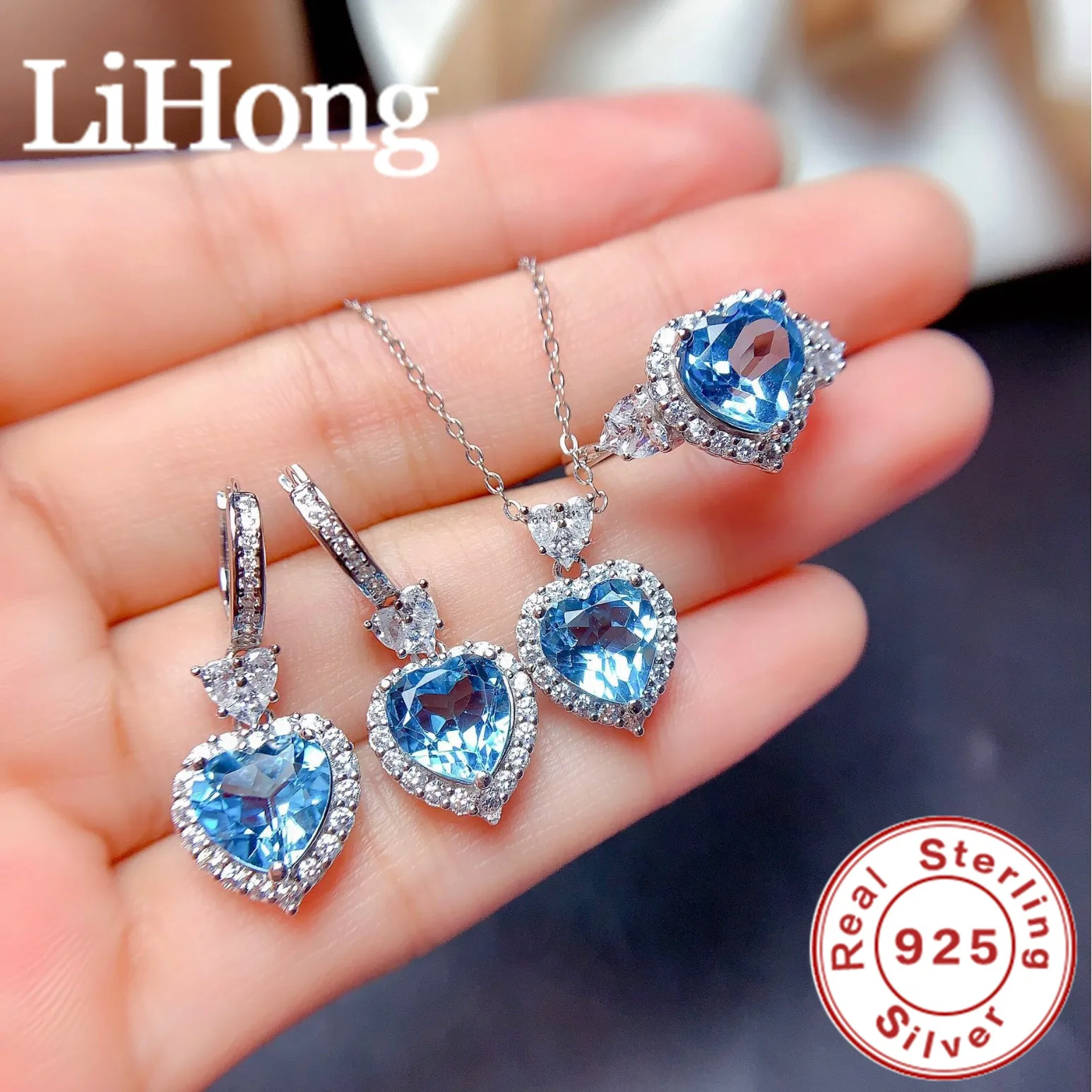 Edles Schmuckset aus 925er-Sterlingsilber, herzförmiger blauer Zirkon, Ohrringe-Set, Ring-Anhänger, Ohrringe für Damen, Verlobungsfeier