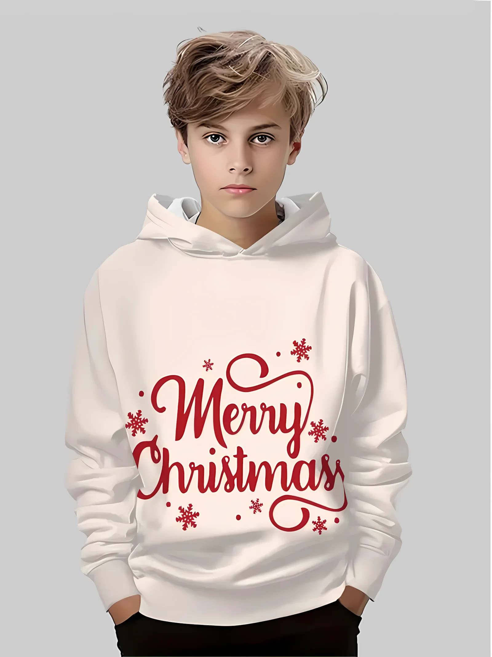 

The 2025 autumn new children's soft hoodie 3D merry Christmas text printed casual and comfortable children's long-sleeved hoodie