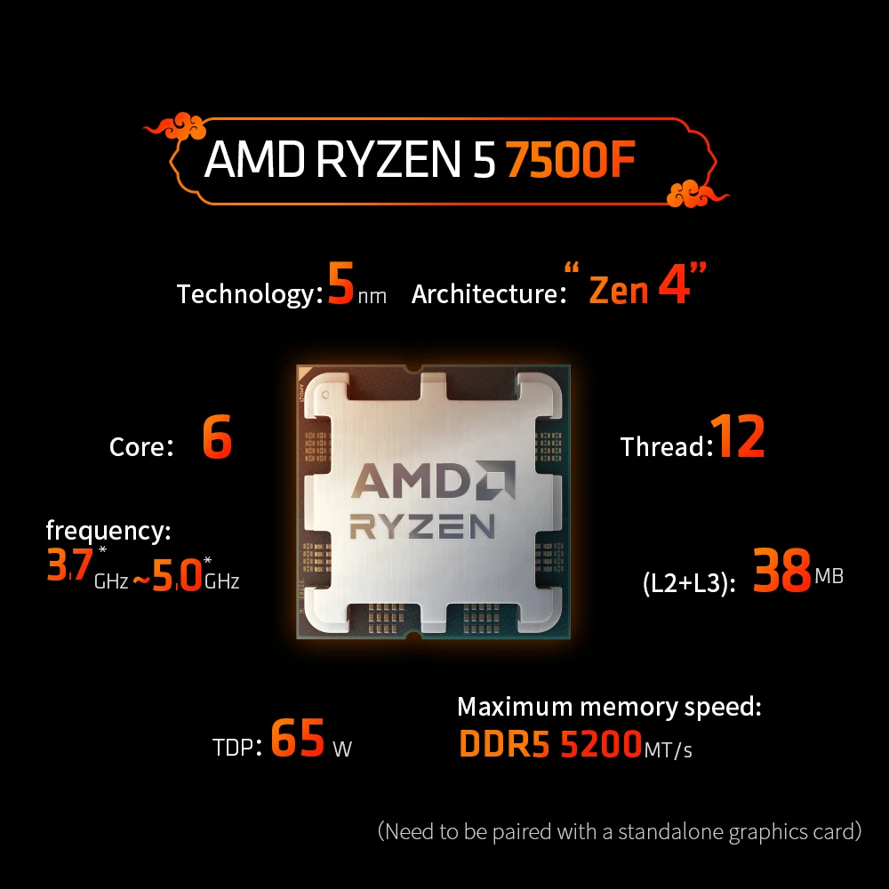 Processore AMD Ryzen 5 7500F 5GHz 6-Core 12-Thread 38MB di Cache di gioco 5NM TDP 65W Socket CPU da gioco AM5 senza grafica