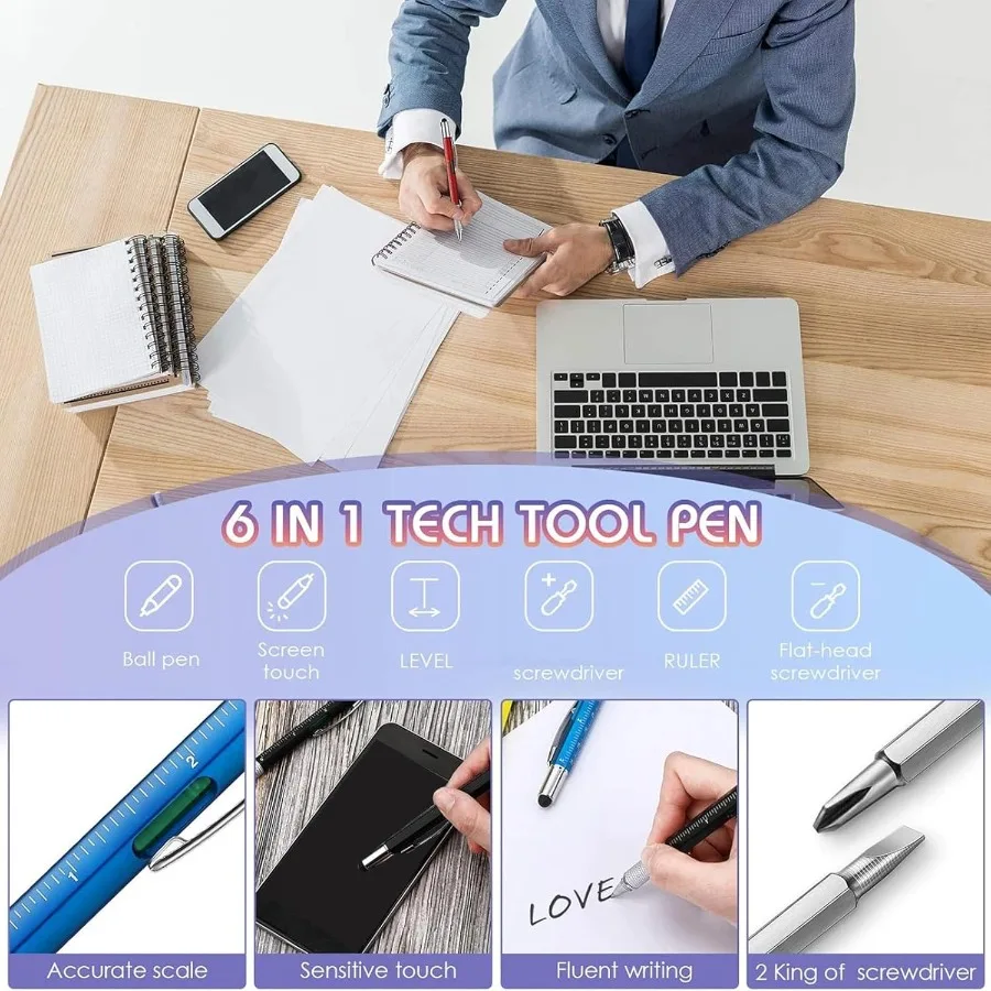 قلم Zonon 36 قطعة 6 في 1 متعدد المهام مع مفك براغي لقياس مستوى المسطرة متعدد الوظائف وأقلام حبر جاف بشاشة تعمل باللمس وأسود I