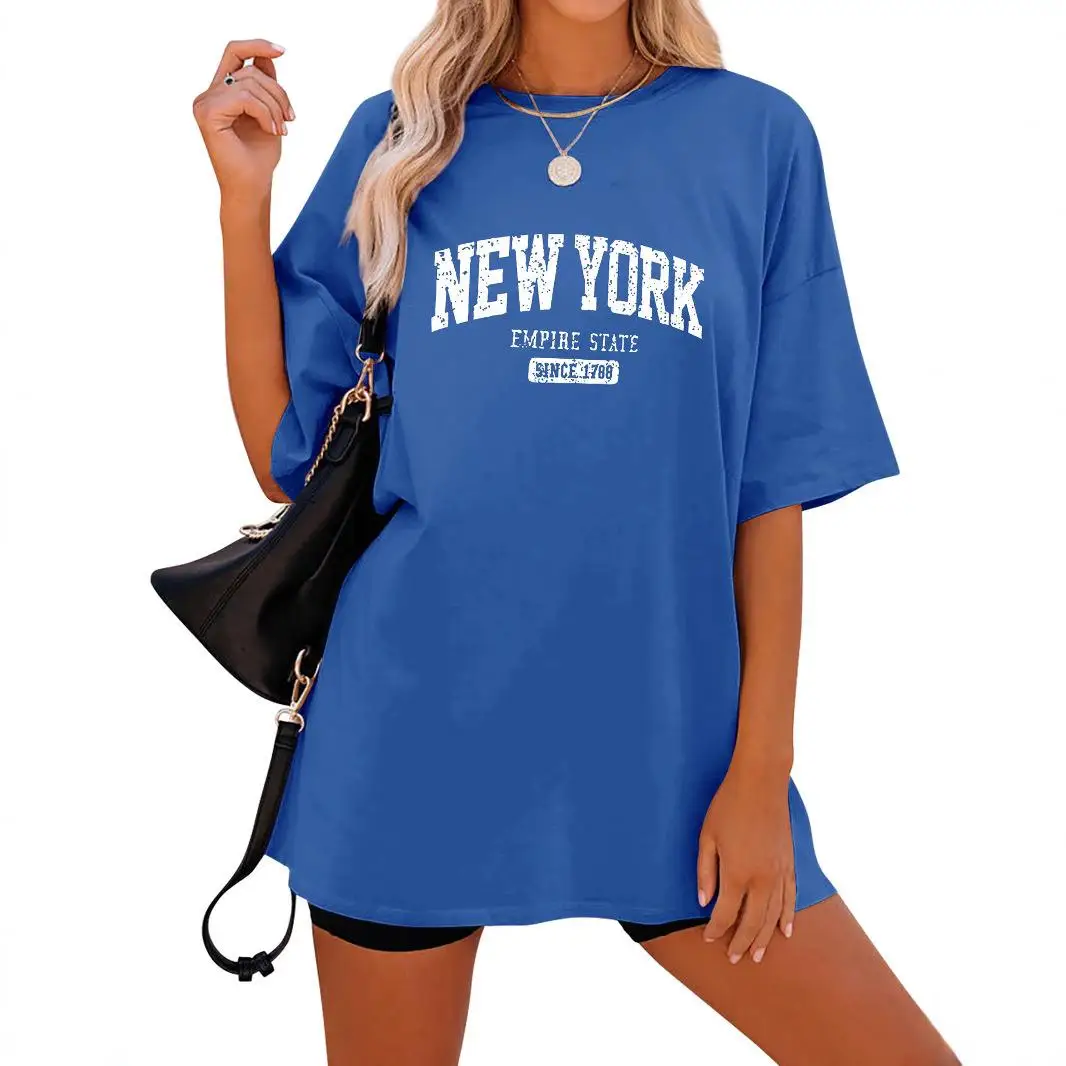 تي شيرت نسائي فضفاض موديل 2023 بأسلوب كاجوال برقبة مستديرة وأكمام قصيرة مطبوعة وأكمام خفاشية من القطن المريح #5