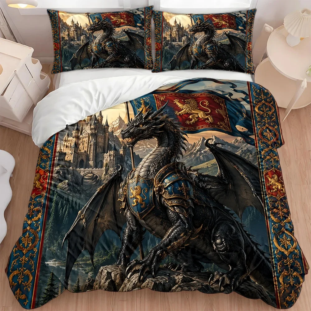 3Pc Medieval Dragon Castle Theme Duvet Cover Set, Three-Piece Bed Set (1*Duvet Cover + 2*Pillowcases), Suitable for All Seasons, Machine Washable, Invisible Zipper Design, Large Double Bed Cover, Retro Fantasy Style Bedding, Suitable for Home Master Bedroom, Guest Room, Dormitory, Luxurious Embroidery Craftsmanship, Nordic Castle and Mountain Elements, Comfortable and Skin-Friendly Fabric, 2D Flat Print