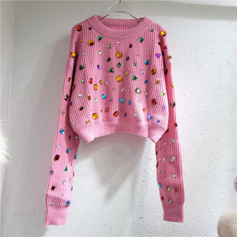 

Spring Autumn Rainbow Diamonds Beaded Pullovers Crystal Knitted Sweater Rhinestones Knitwear Gemstones High Waist Jumpers Jersey