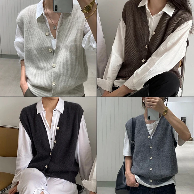 Korean Version Women's Knitted Vest V-neck Button Loose Sleeveless Sweater Vest Spring And Autumn Versatile Top Solid Color