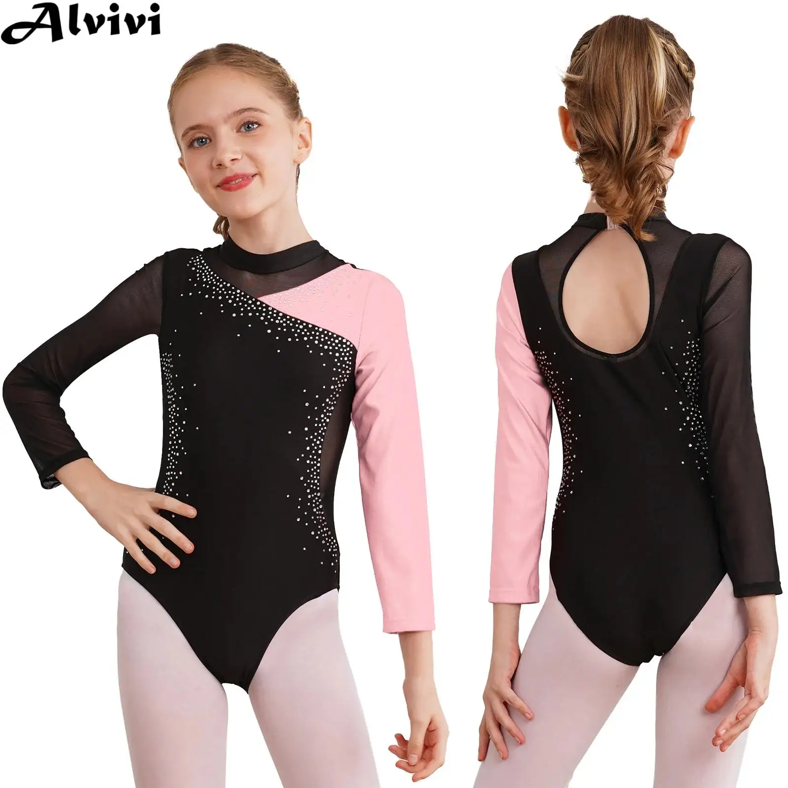 Mädchen Ballett Tanz Gymnastik Trikot Eiskunstlauf Akrobatik Yoga Performance Dance wear Langarm glänzenden Strass Bodysuit