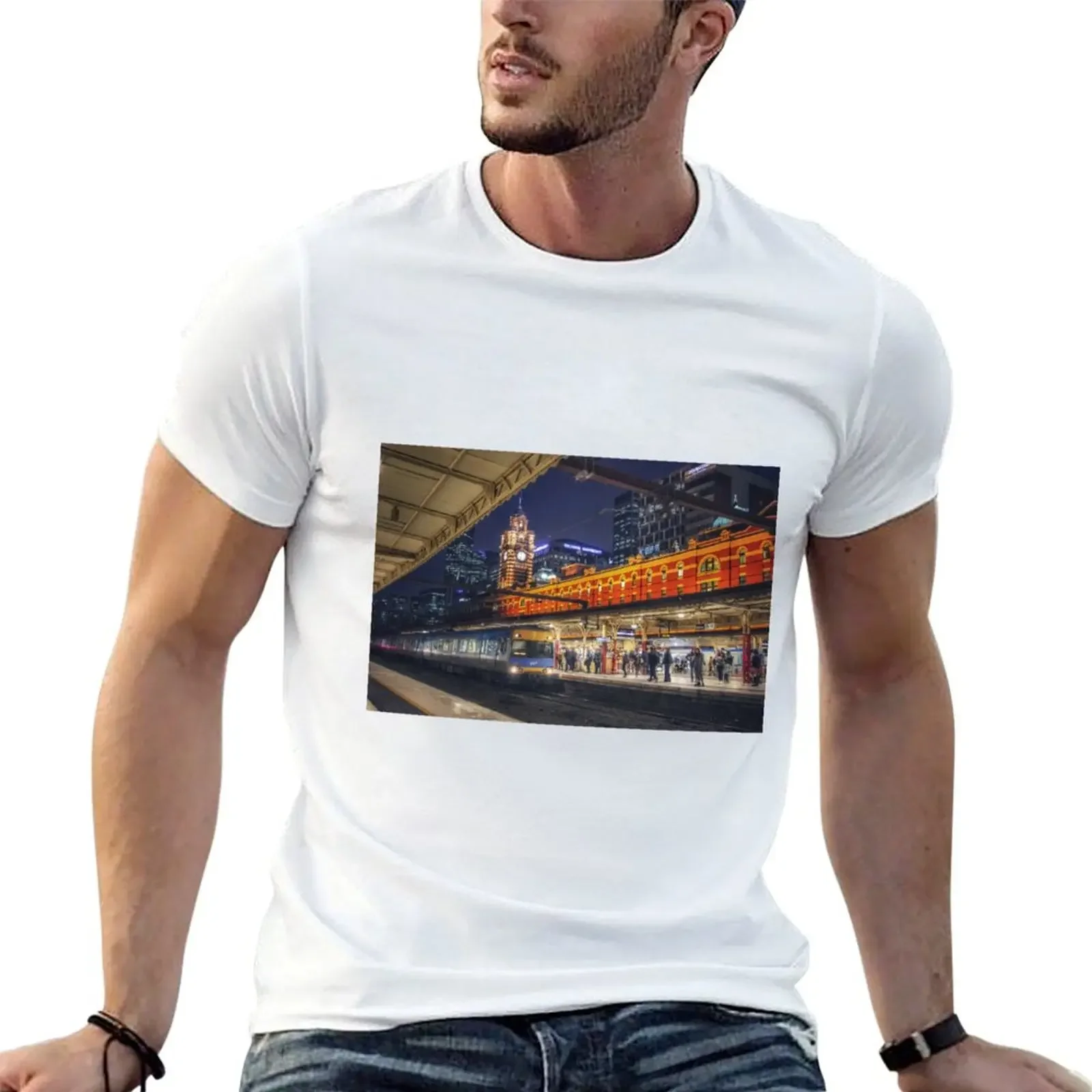 Flinders Street Station at night T-shirt customizeds plus sizes slim fit t shirts for men