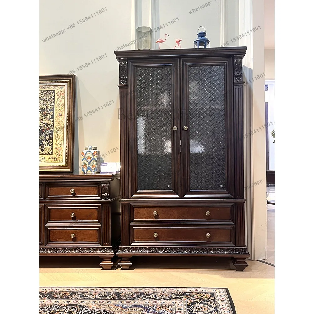 Hot American double door wine cabinet pure solid wood display cabinet retro curly grass pattern carved furniture