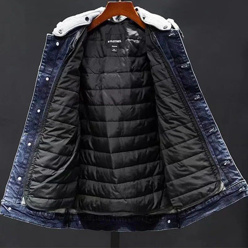 Plush Denim Hooded Jackets Fashion Winter Casual Removable Thicken Hole Loosed Jeans Coats Brand Clothes Mens Jacket Ropa Hombre