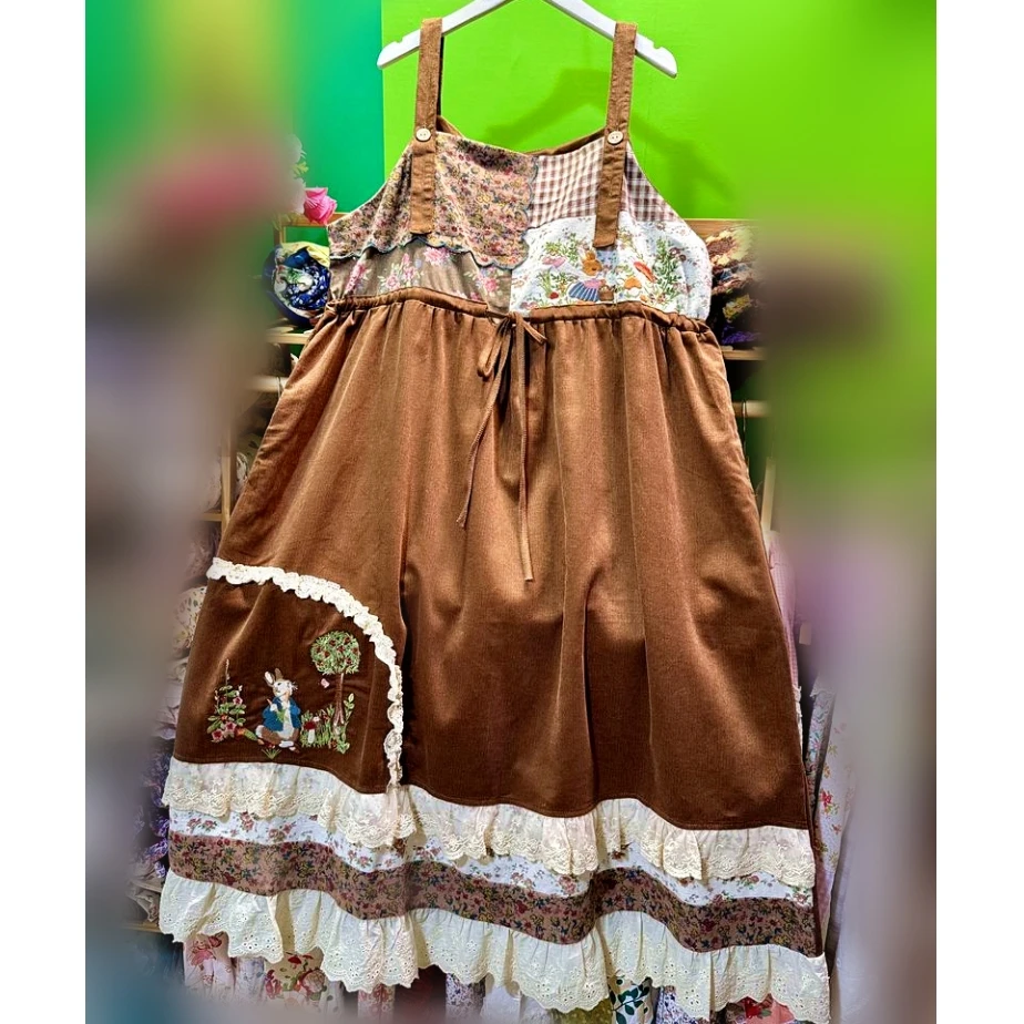 

Korean Sweet Corduroy Lace Embroidery Sleevelesss Suspender Dress Mori Girl Rococo Kawaii Lolita Harajuku Japanese Long Dress