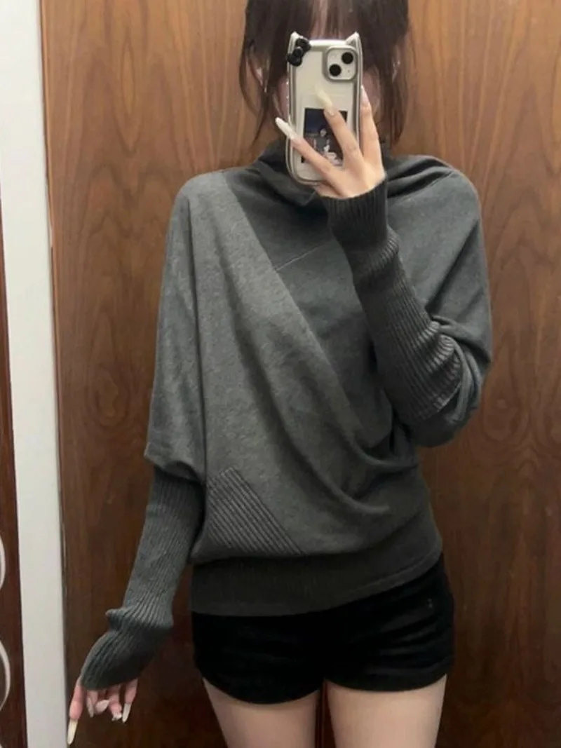Grey Batwing Sleeve Pullovers Sweaters 2000s Korean Fashion Slim Long Sleeve Knitwear Y2k Subculture Korean Fashion Knitted Tops