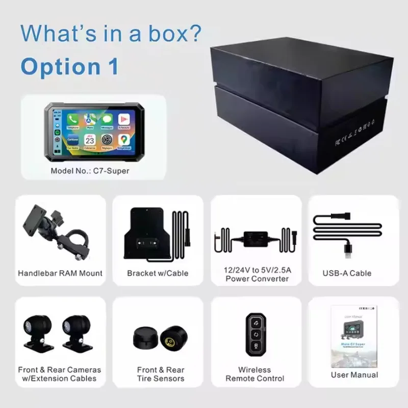 C7-S دراجة نارية لاسلكية CarPlay 7 بوصة GPS الملاح مع جهاز التحكم عن بعد مسجل ضغط الإطارات