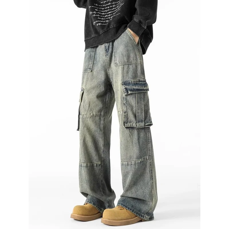 GIOIOMen's Cargo Jeans, Four Seasons American Multi-Pocket Loose Straight Wide Leg Denim Herrenhose