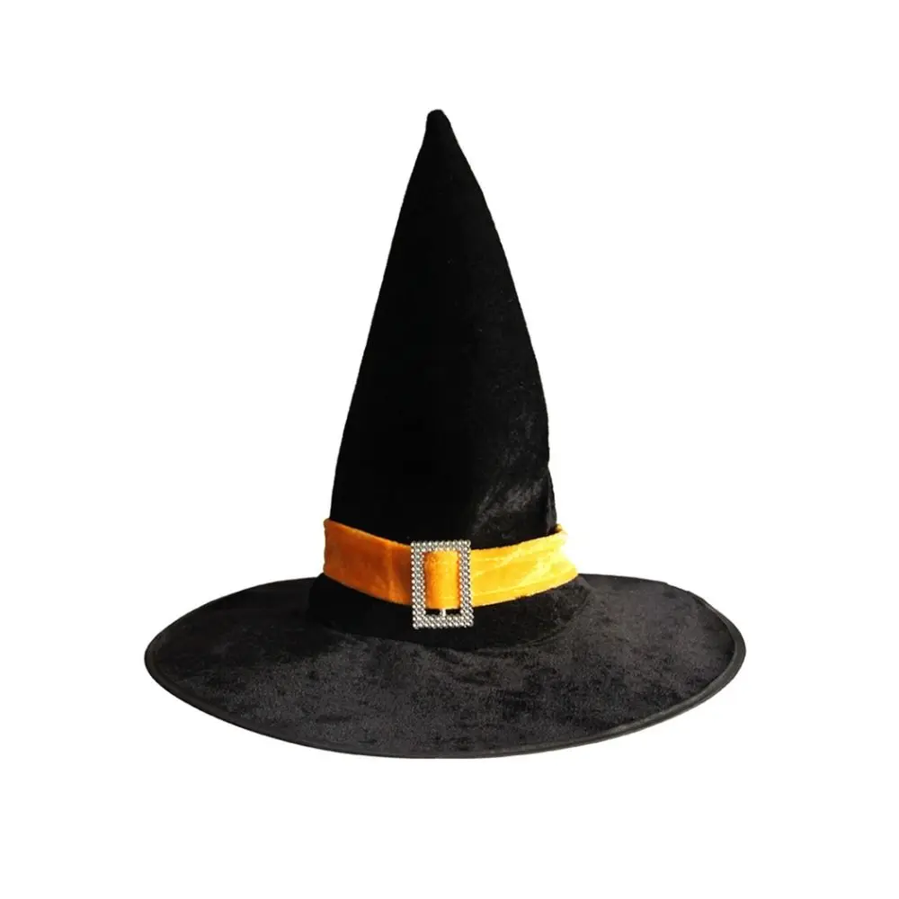 

Casual Style Velvet Halloween Witch Wizard Hat Bending Angle Gilding Halloween Hat Satin Ribbon Costume Props Devil Cap Children