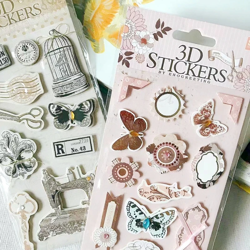 Vintage Label 3D Stickers Scrapbooking Material Flower Butterfly Bird Pattern DIY Junk Journal Card Tag Making Embellishment