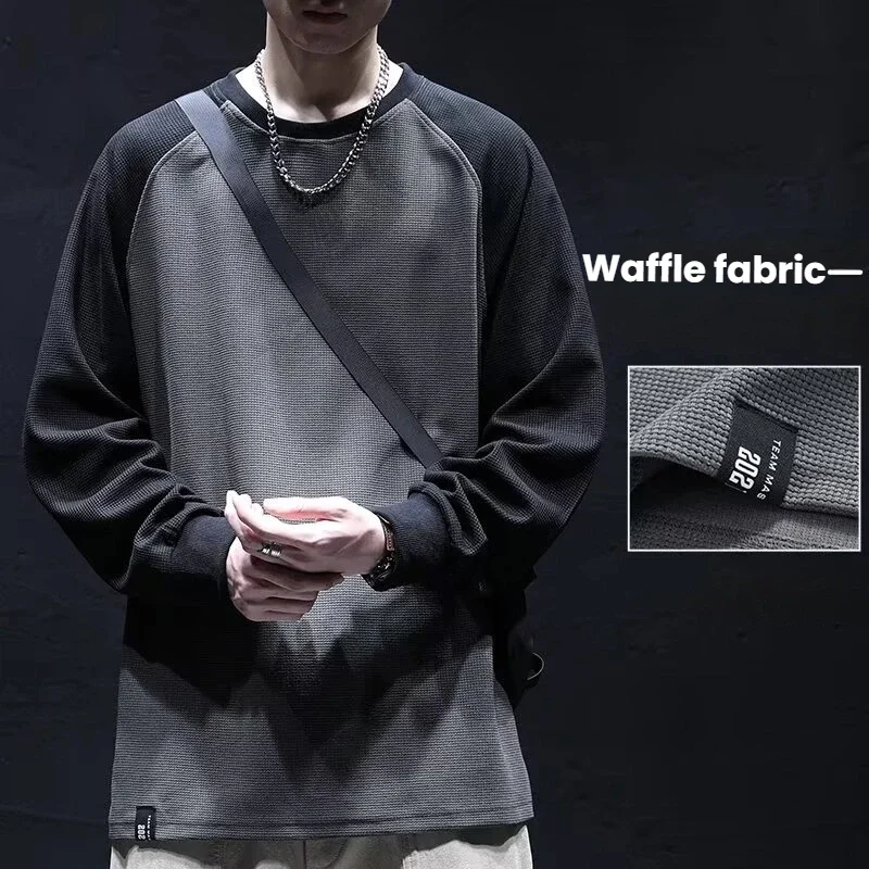 

Вафельная мужская футболка больших размеров с длинными рукавами осенью, новая американская толстовка с круглым вырезом, свободная повседневная спортивная мужская одежда Y2k