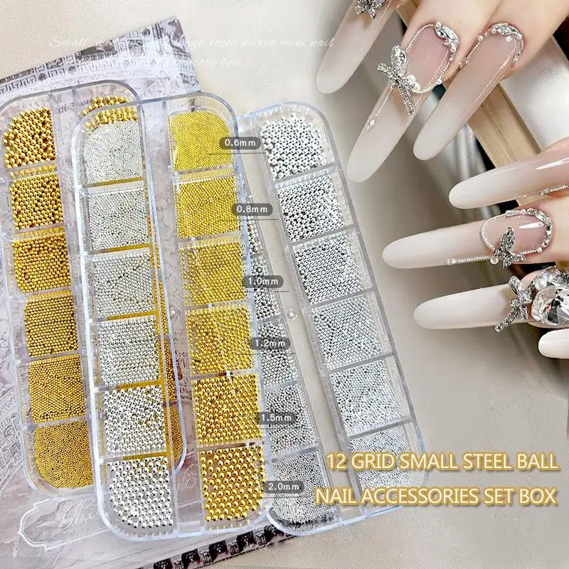 12 Grids Nail Art Tiny Steel Beads 0.6-2mm Mixed Size 3D Design Gold Silver Jewelry Manicure Tips Charm Micro Ball DIY Decor
