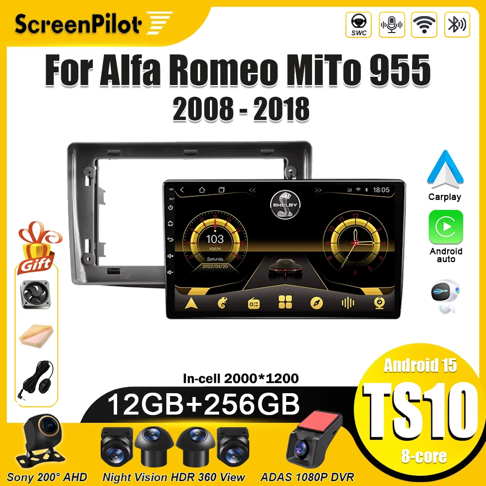 For Alfa Romeo MiTo 955 2008-2018 Android 16 Car Radio Multimedia Video Player Carplay Touch Screen 8 Core Wifi 5G 7/9/10 Inch