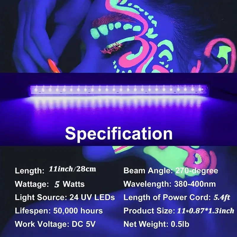 Barra de luz preta UV de 1 pés para sala, armário, decorações de feriados de Halloween, pintura corporal, pôster, tapeçaria fluorescente, festa brilhante