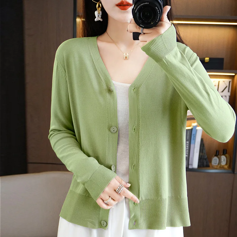 Summer 2023 New Korean Version Thin Solid V-Neck Ice Silk Knitted Long Sleeve Sunscreen Cardigan Fashion V-Neck Top for Women