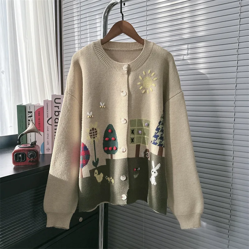 3d Embroidery Cardigan Single Breasted Ropa Mujer 2024 Autumn Woman Outerwears Loose Sweet Sweater Single Breasted Cardigans