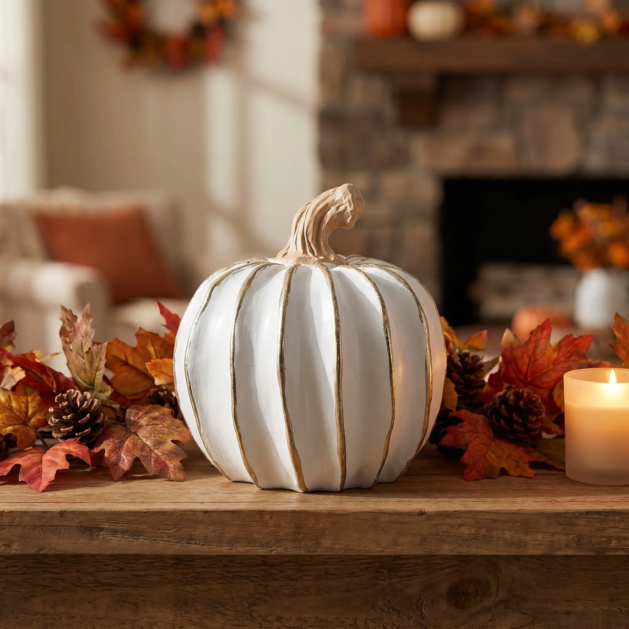 White Gold Resin Pumpkin Ornament – 5 Inch Autumn Thanksgiving Halloween Table Decor