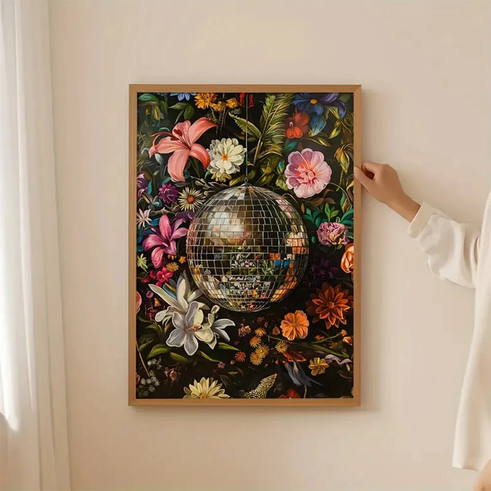 

1 шт. Винтажные постеры и принты с зеркальными шарами и цветами для интерьера, картины на холсте для спальни, кухни, домашнего декора