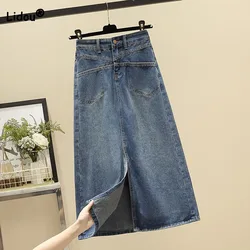 Spring Autumn Vintage High Waist Split Denim Skirt Women's Clothing 2023 Simplicity Fashionable Midi A-Line Skirts for Female