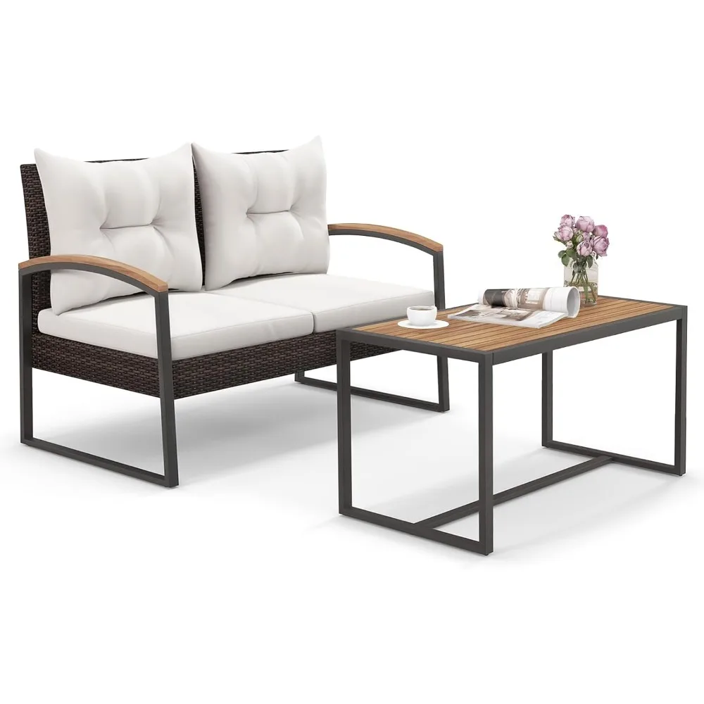 

2 Pieces Patio Wicker Furniture Set, Heavy Duty Outdoor Cushioned Loveseat with Acacia Wood Coffee Table, for Backyard