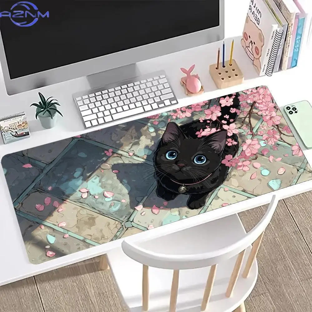 Black Cat in Bloom Large Mouse Pad XXL Desk Mat Gaming Mats Office Stitched Edge Keyboard Rug Extended Computer Long Mouse Pads