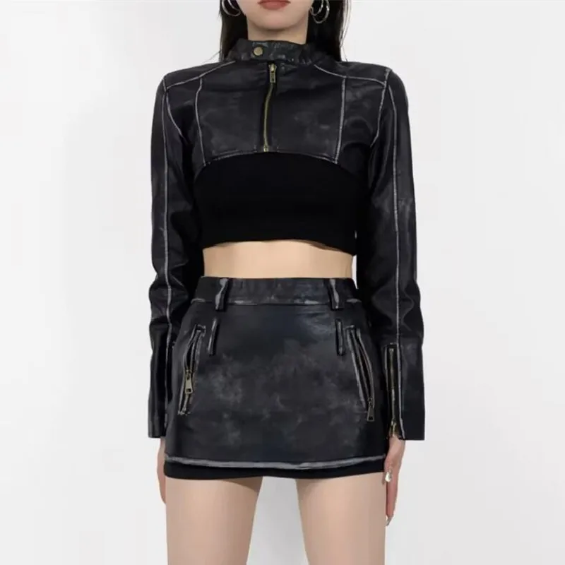 2023 Cool Women Vintage Washing Black Cropped PU Leather Jacket American Retro Full Sleeve Coat High Waist Short Outwear