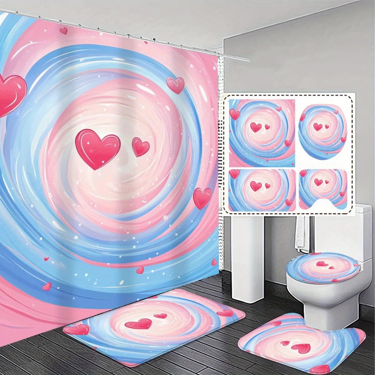 

4pcs. Unique Heart Swirl Design Bathroom Set - Non-Slip Absorbent Rugs, Soft Comfortable Mats, High Quality Blackout Shower