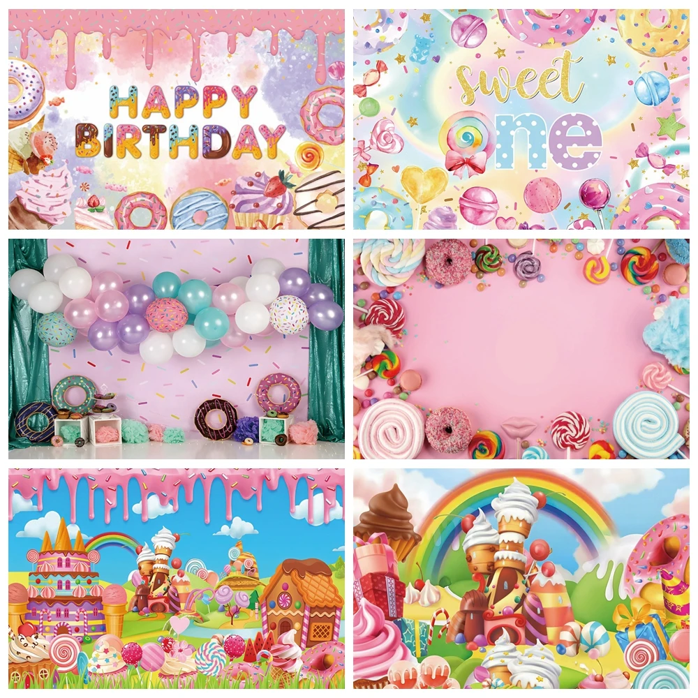 

Candy Bar Shop Backdrop Sweet Ice Cream Car Donut Cupcake Lollipop Balloon Baby Birthday Party Cake Smash Photography Background